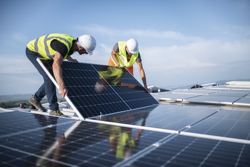 Solar panels on a building rooftop